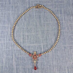 1980s Vintage Necklace with Clear Rhinestones and a Red Rhinestone Drop